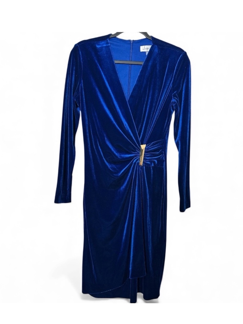 Deep Blue Velvet Wrap Dress with Twist Detail